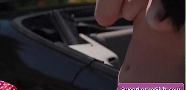  Sensual big itt lesbian hot babes Aidra Fox, Brandi Love licking boobs in their convertible car outdoor
